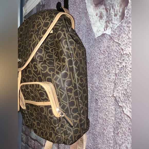Calvin Klein Logo Monogram Brown Tan Adjustable Backpack Bag - Picture 3 of 14